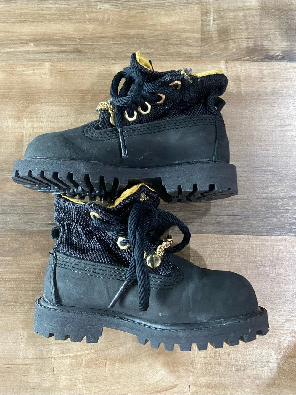 Timberland Kids Black and Gold Lace-Up Boots